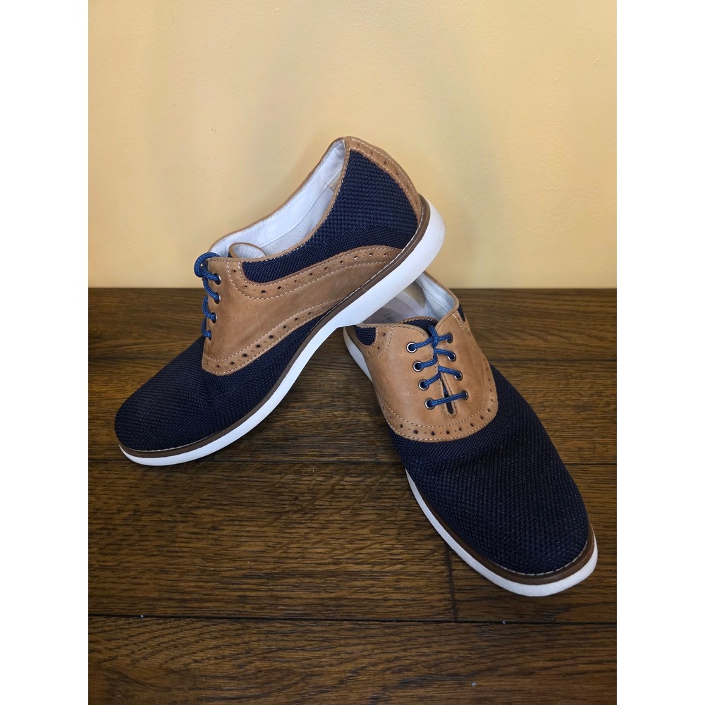 J. Murphy by Johnston & Murphy Mens Navy Knit Tan Leather Oxfords 10M 59-10857